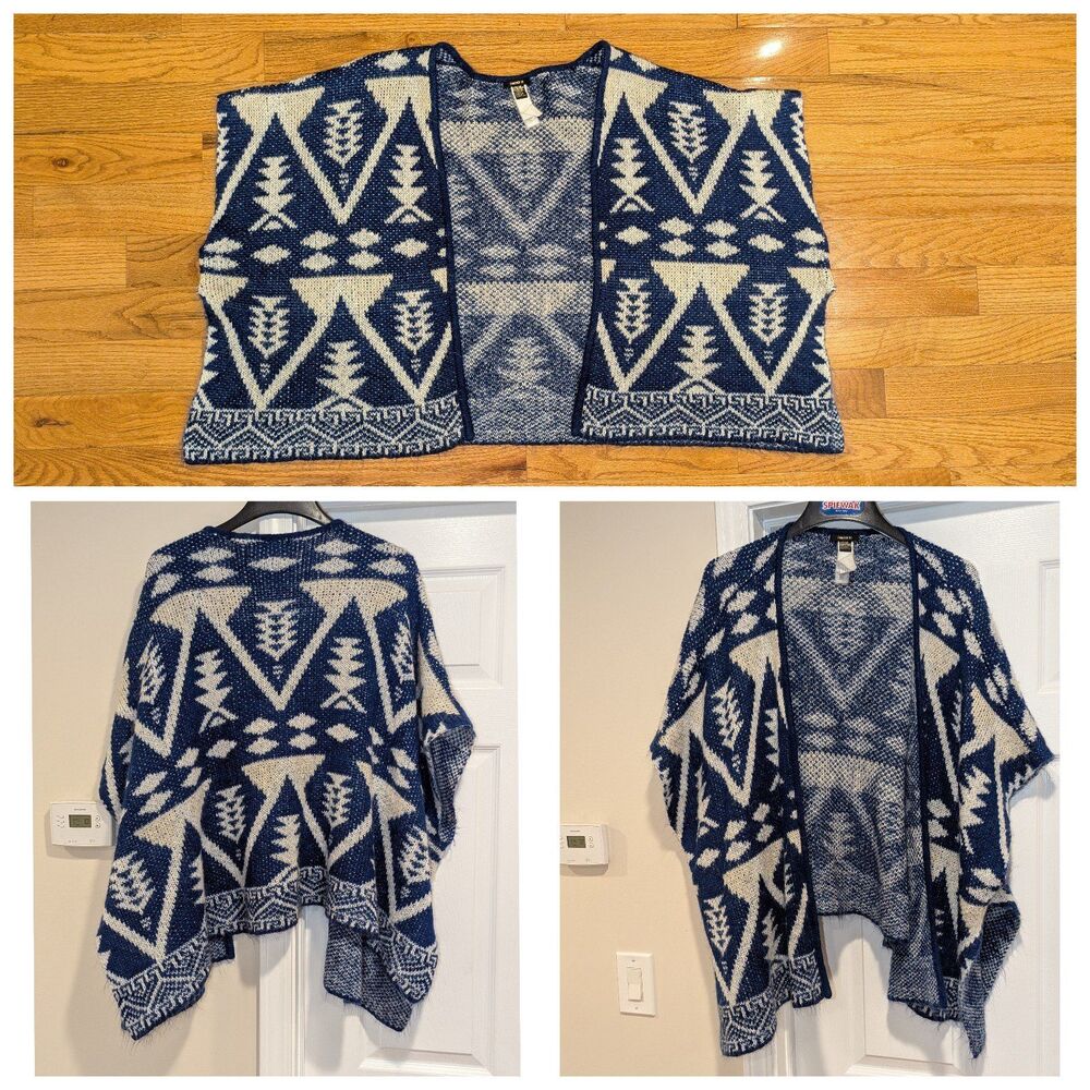 Festival Boho Aztec Ruana Wrap Sweater Forever‎ 21 One Size Blue Grey Fair Isle